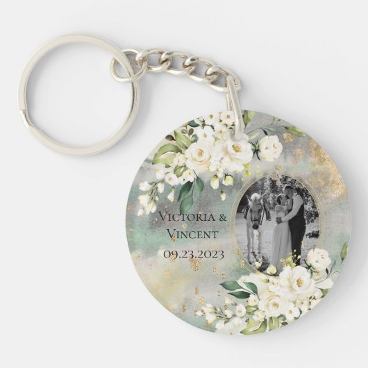 フローラ金ゴールドボタニカルクリームフォト結婚ネーム キーホルダー (正面)