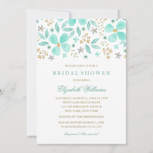 フローラ金ゴールドミントリーフブライダルシャワー招待 招待状 (正面)