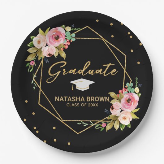 フローラ金ゴールドモダングリッター幾何学的卒業 ペーパープレート (正面)