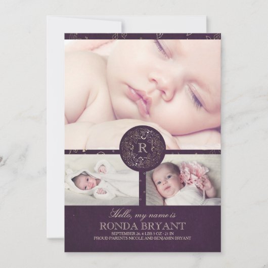 フローラ金ゴールドモノグラムヴィンテージベビー写真誕生 案内状 (正面)