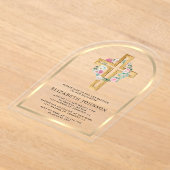 フローラ金ゴールドユーカリプトゥスウッドクロスアーチバプテスマ アクリル招待状 (レイダウン)