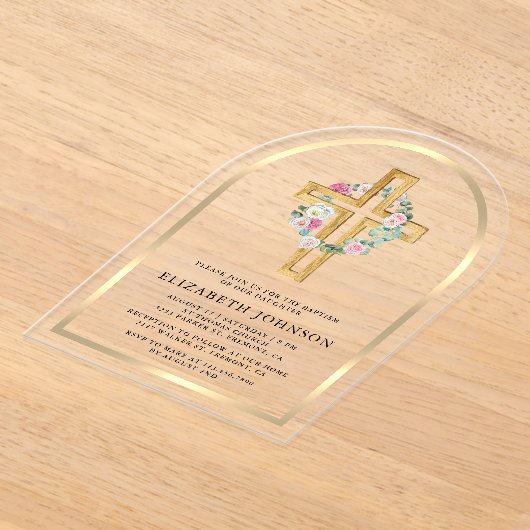 フローラ金ゴールドユーカリプトゥスウッドクロスアーチバプテスマ アクリル招待状 (レイダウン)