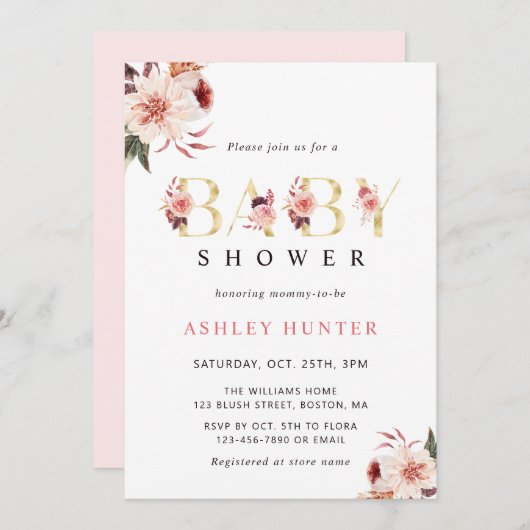 フローラ金ゴールドレタエレガントー水彩赤ちゃんシャワー 招待状 (正面/裏面)