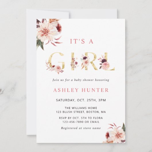 フローラ金ゴールドレターガールエレガントベビーシャワー 招待状 (正面)