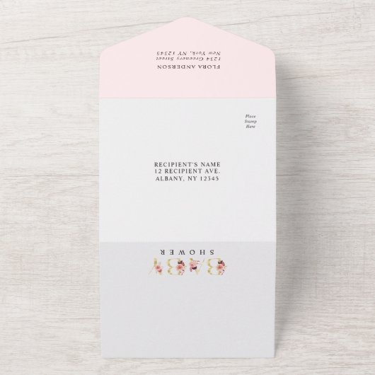 フローラ金ゴールドレター赤ちゃんシャワー |おむつラッフル オールインワン招待状 (外側)