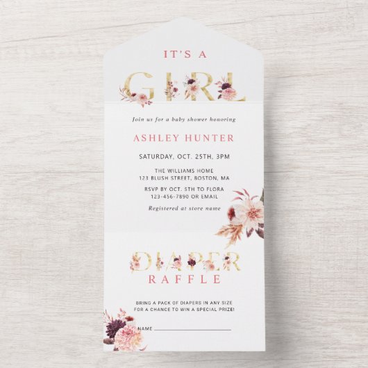 フローラ金ゴールドレター赤ちゃんシャワー |おむつラッフル オールインワン招待状 (内側)