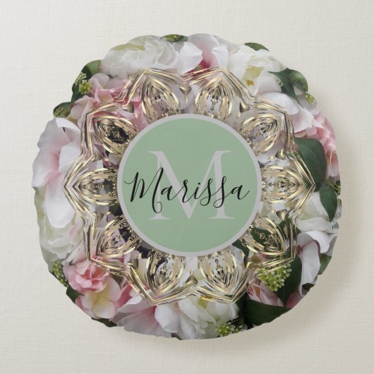 フローラ金ゴールド六角マンダラモノグラムラウンドピロー ラウンドクッション (正面)