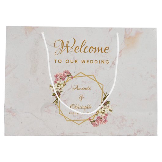 フローラ金ゴールド大理石オーキッドジオメ結婚トリの歓迎 ラージペーパーバッグ (裏面)