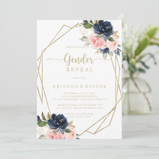 フローラ金ゴールド幾何学性別の表示パーティー 招待状 (スタンド正面)