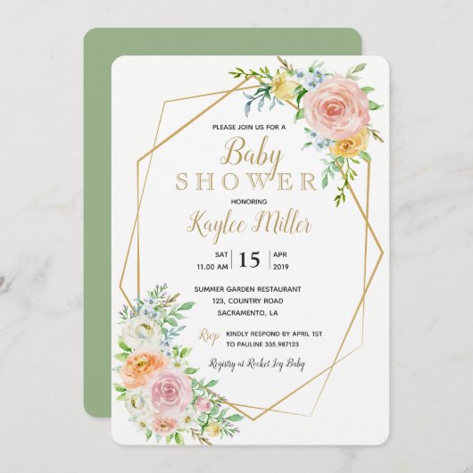 フローラ金ゴールド幾何学的ベビーシャワー招待カード 招待状 (正面/裏面)