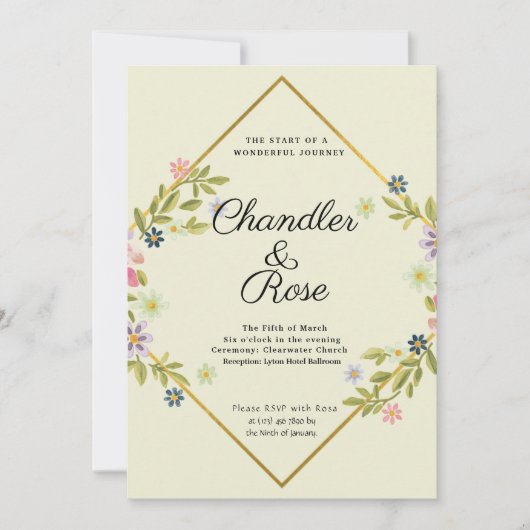 フローラ金ゴールド幾何学的ミニマリスト結婚グリーン 招待状 (正面)