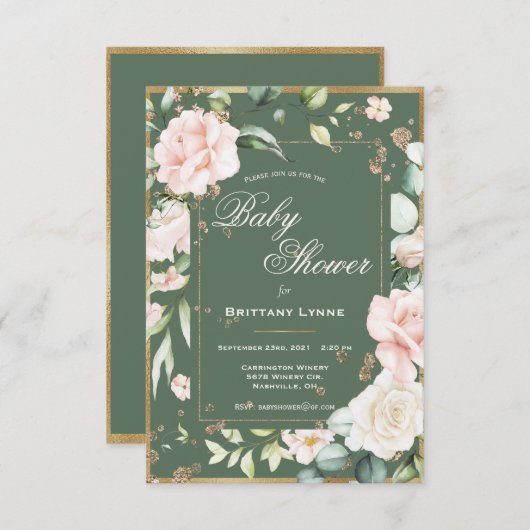 フローラ金ゴールド水色ベビーシャワー 招待状 (正面/裏面)