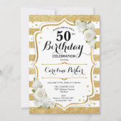 フローラ金ゴールド白写真第50誕生日 招待状 (正面)