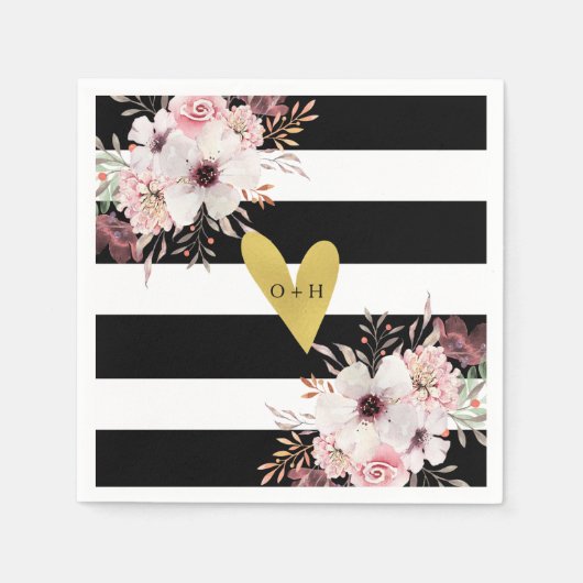 フローラ金ゴールド白黒結婚ズペーパーナプキン スタンダードカクテルナプキン (正面)