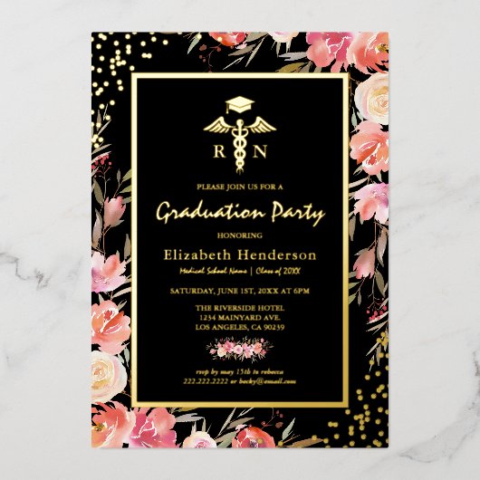 フローラ金ゴールド看護学校卒業実在金ゴールド 箔招待状 (正面)