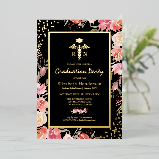 フローラ金ゴールド看護学校卒業実在金ゴールド 箔招待状 (立ち正面)