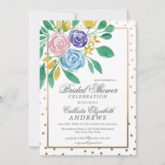 フローラ金ゴールド紙吹雪水彩ブライダルシャワー 招待状 (正面)