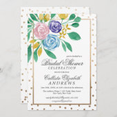 フローラ金ゴールド紙吹雪水彩ブライダルシャワー 招待状 (正面/裏面)