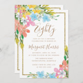 フローラ金ゴールド縁どグリッター80th八十誕生日 招待状 (正面/裏面)