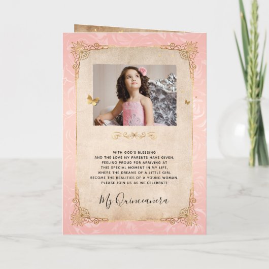 フローラ金ゴールド赤面ピンクキンセアニラ写真折り畳み 招待状 (裏面)