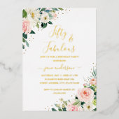 フローラ金ゴールド赤面ピンク50と素晴らしい誕生日 箔招待状 (正面)