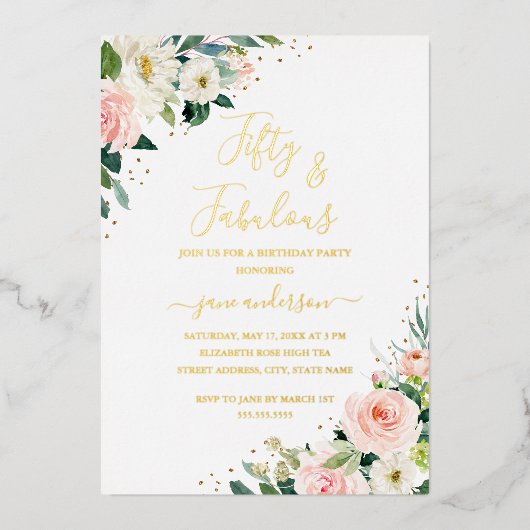 フローラ金ゴールド赤面ピンク50と素晴らしい誕生日 箔招待状 (正面)