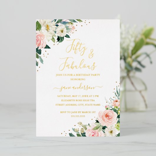 フローラ金ゴールド赤面ピンク50と素晴らしい誕生日 箔招待状 (立ち正面)
