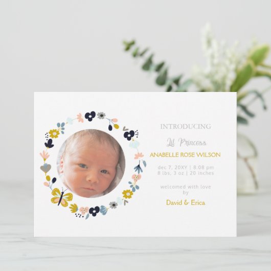フローラ開花かわいい女の子の写真誕生のお知らせ 案内状 (スタンド正面)
