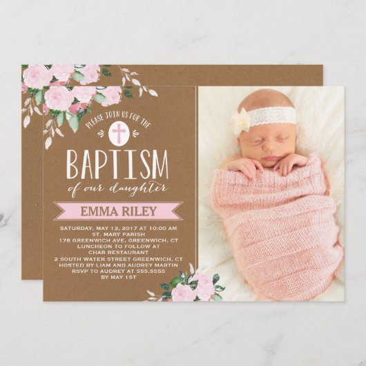 フローラ開花クラフト | ベビーガールバプテスマ招待状 招待状 (正面/裏面)