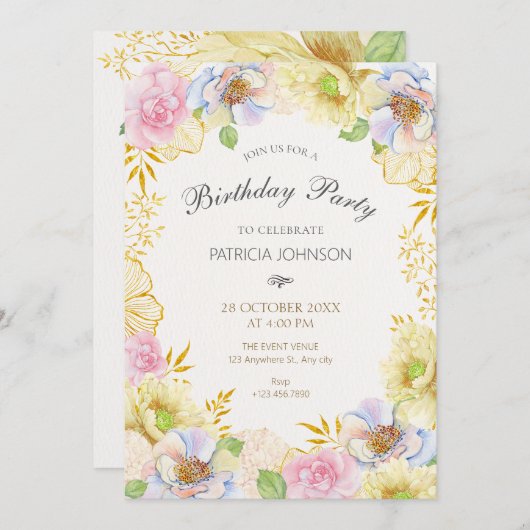 フローラ開花ソフトカラー誕生日 招待状 (正面/裏面)