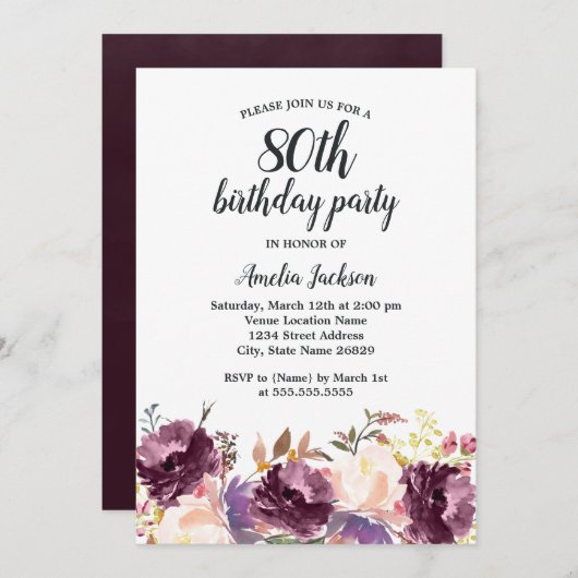 フローラ開花パープルウォーターカラー80thバースデーパーティー 招待状 (正面/裏面)