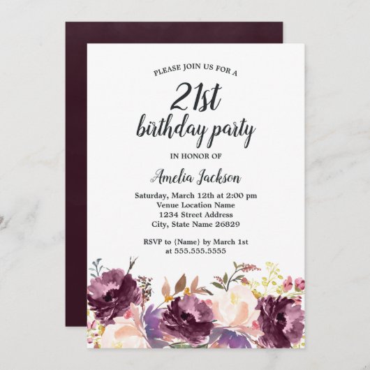 フローラ開花パープルウォーター色21st誕生日パーティー 招待状 (正面/裏面)