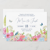 フローラ開花ブルーグリーンピンク春の結婚式 招待状 (正面/裏面)