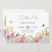 フローラ開花ブルーグリーンピンク春誕生日 招待状 (正面/裏面)