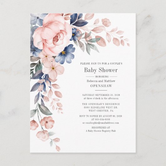 フローラ開花ブルーピンクカップル素朴ズベビーシャワー インビテーションポストカード (正面)