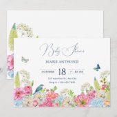 フローラ開花ブルー緑ピンク春ベビーシャワー 招待状 (正面/裏面)