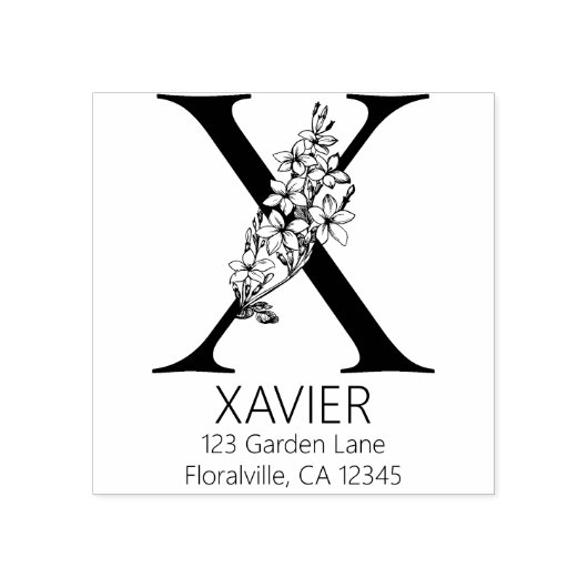 フローラ頭文字 – X -差出人住所モノグラム ラバースタンプ (インプリント)