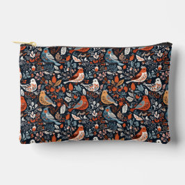 フローラ鮮やかと鳥の北欧パターン アクセサリーポーチ