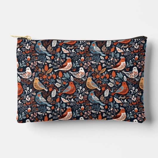 フローラ鮮やかと鳥の北欧パターン アクセサリーポーチ (正面)