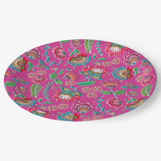 フローラ鮮やかなピンクのフォークアートメキシカン結婚ボホ ペーパープレート (アングル)