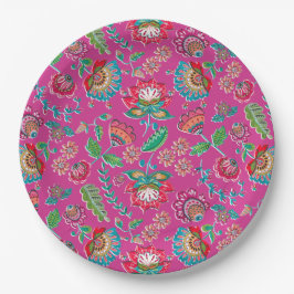 フローラ鮮やかなピンクのフォークアートメキシカン結婚ボホ ペーパープレート