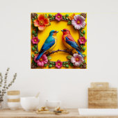 フローラ鮮やかフレームに囲まれた鳴鳥 ポスター (キッチン)