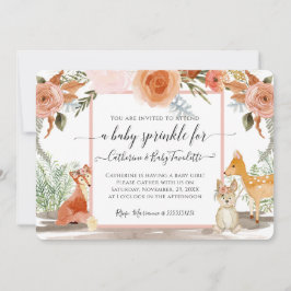 フローラ鹿キツネラビットウッドランドベビーガールシャワー 招待状