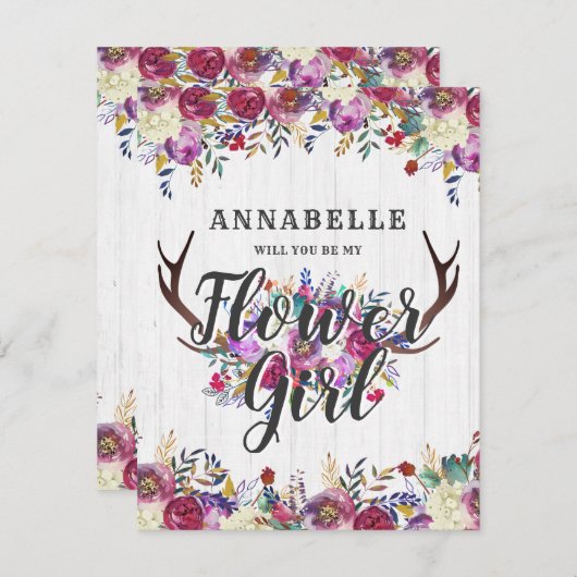 フローラ鹿〔雄ジカの〕枝角は私の花の女の子になる 招待状 (正面/裏面)