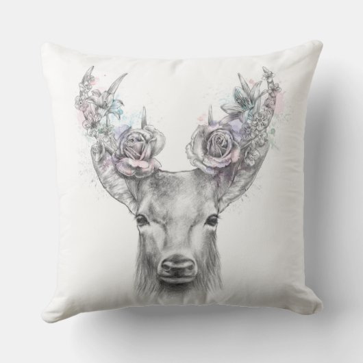 フローラ鹿〔雄ジカの〕枝角ピンクの水色イラストレーション クッション (裏面)