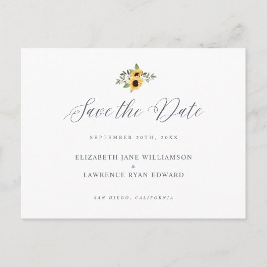 フローラ黄色の水色ひまわり日付保存 案内ポストカード (正面)