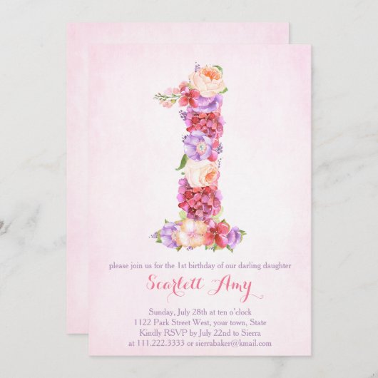 フローラ1番目の誕生日の招待カード（1番） 招待状 (正面/裏面)