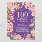 フローラ100番目の誕生日ピンクフラワーズパープルバイオレット 招待状 (正面/裏面)