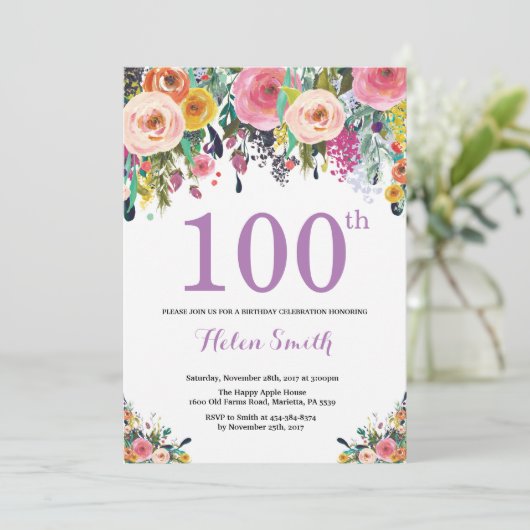 フローラ100誕生日招待状紫 招待状 (スタンド正面)