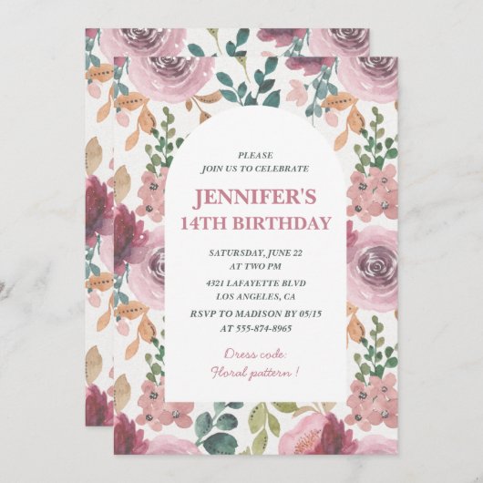 フローラ14th誕生日招待状シック水の色 招待状 (正面/裏面)